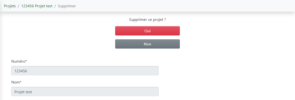 Confirmation de la suppression d’un projet