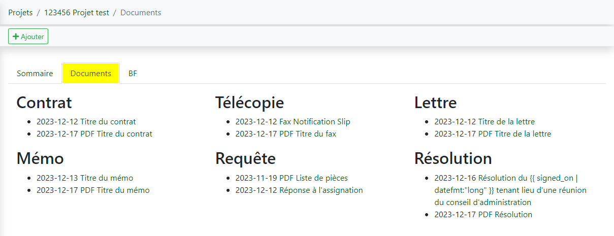 Liste des documents du projet