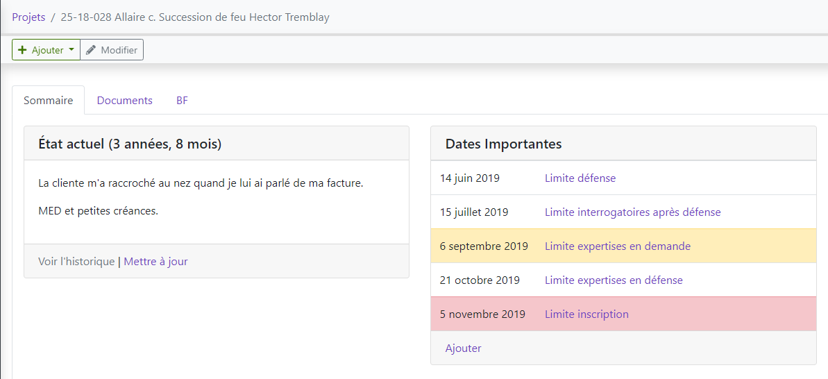 Tableau de bord (État actuel et dates importantes)