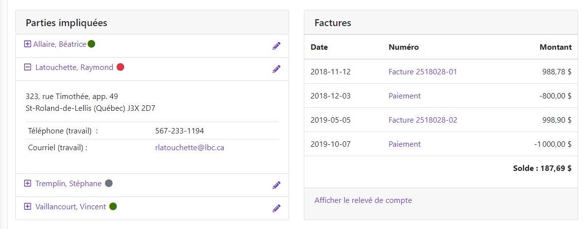 Tableau de bord (Parties impliquées et factures)